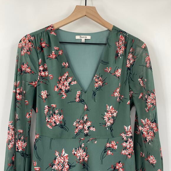 Madewell Dress Fit & Flare Mini Floral Print Vneck Quarter Sleeve Green Womens 4 - Picture 3 of 8